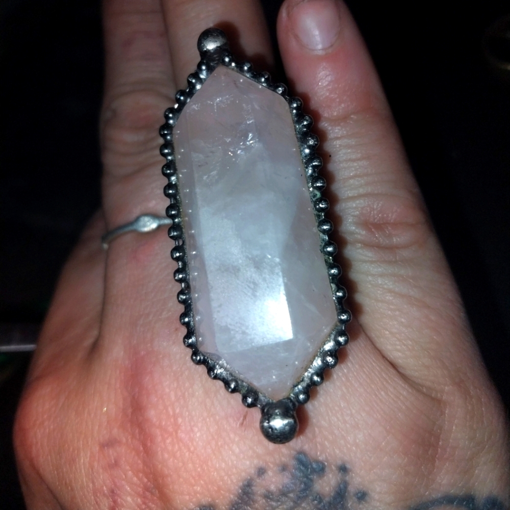 Huge rose quartz ring on bronze setting